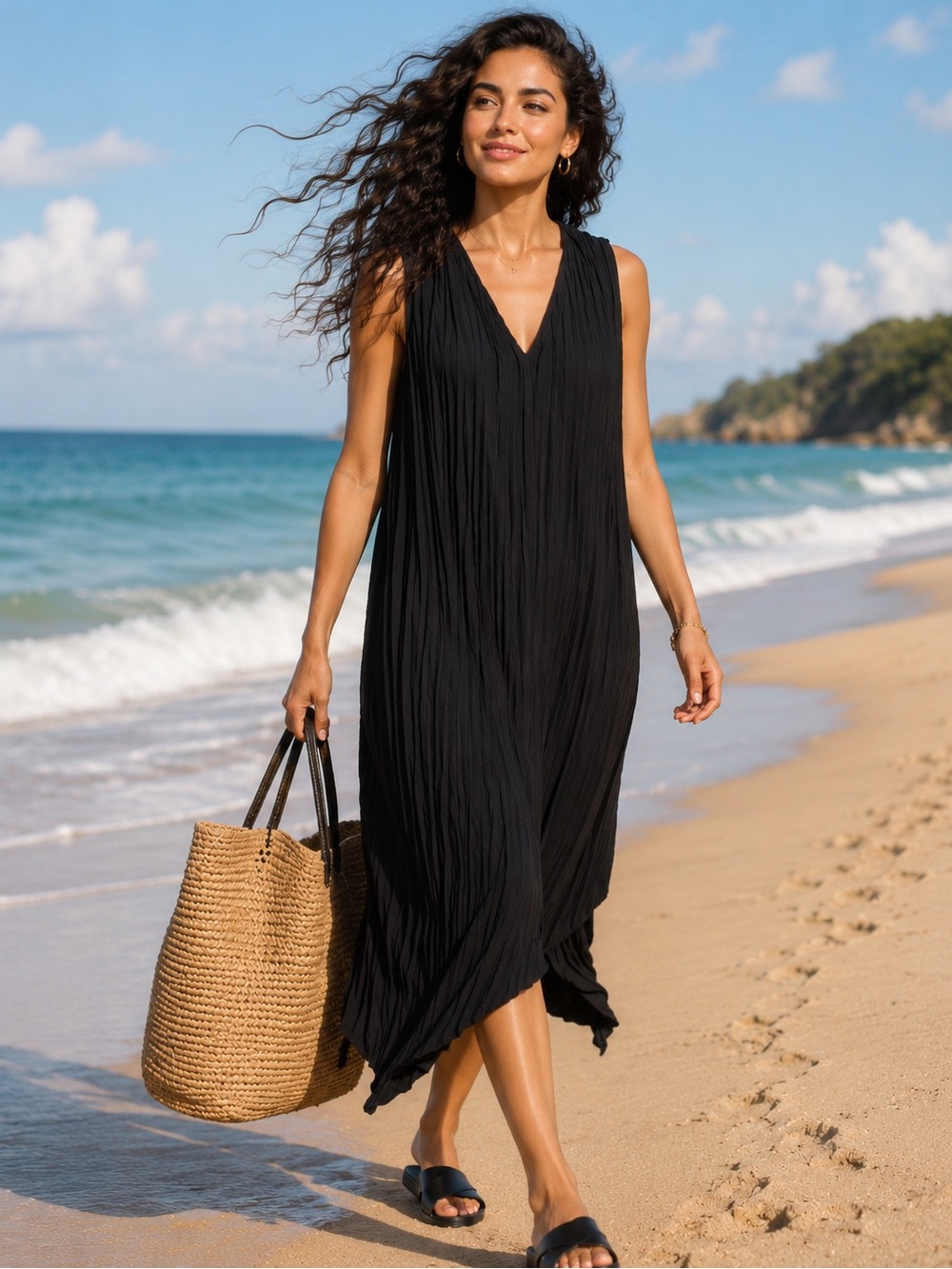 Nordstrom Black Pleated Midi Dress Asymmetrical Hem Size L